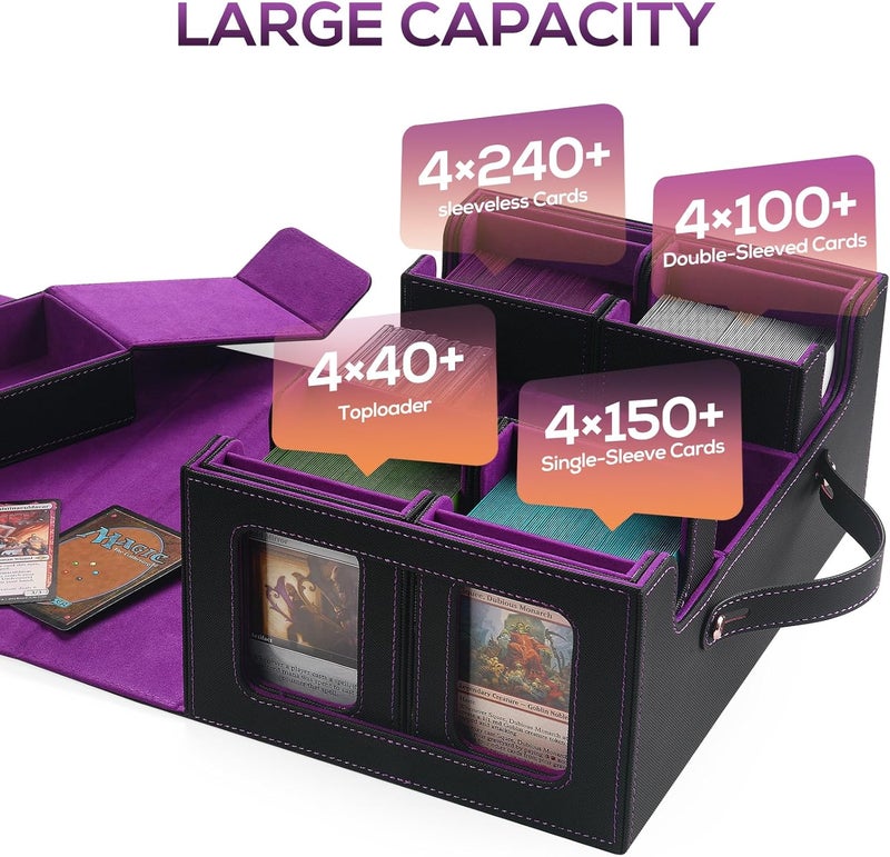 STTRBOX Trading Card Storage Box for MTG, MTG commander deck box，Multi-purpose Deck Case for MTG TCG Sports Card, 4 Toploaders, 4 Stoppers, 4 Colorful Dividers (Black & Purple) - Image 3
